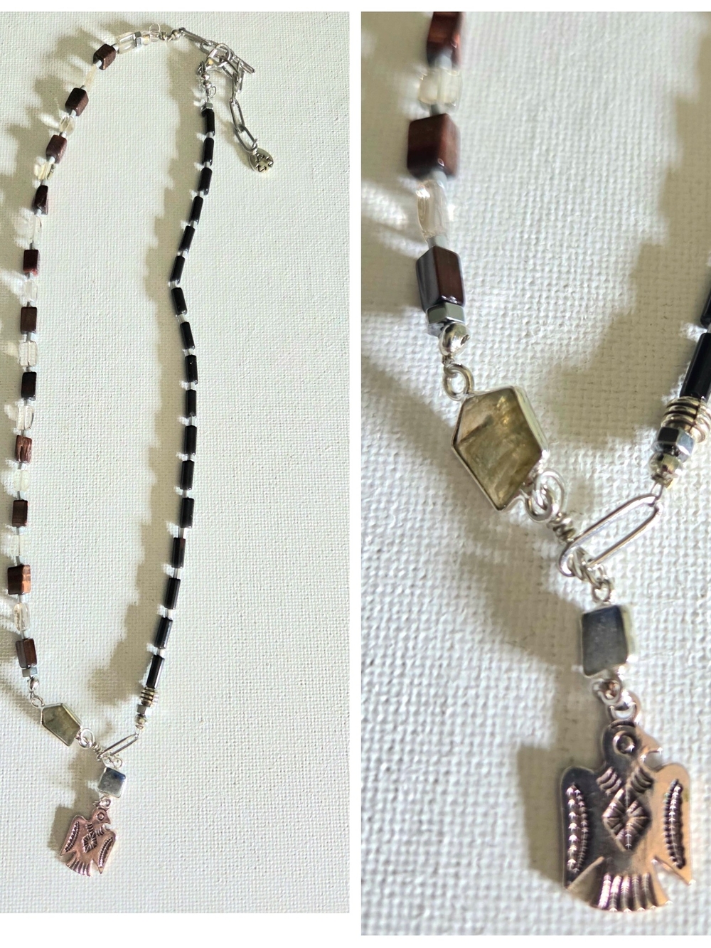 Unisex Onyx, Smoky Quartz, Red Tiger Eye Split Necklace With Thunderbird Charm